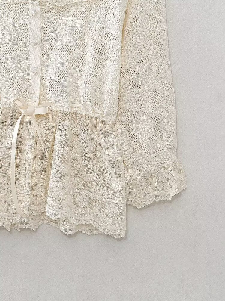 Spring Women Clothing Fashionable All Match Lace Decorative Knitted Top