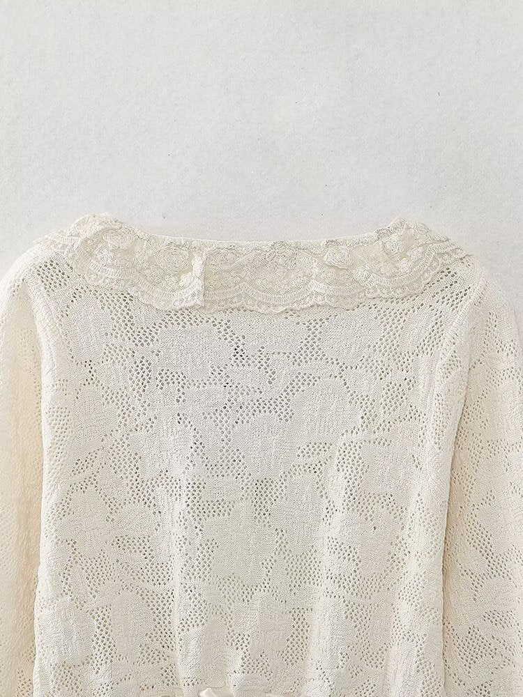 Spring Women Clothing Fashionable All Match Lace Decorative Knitted Top