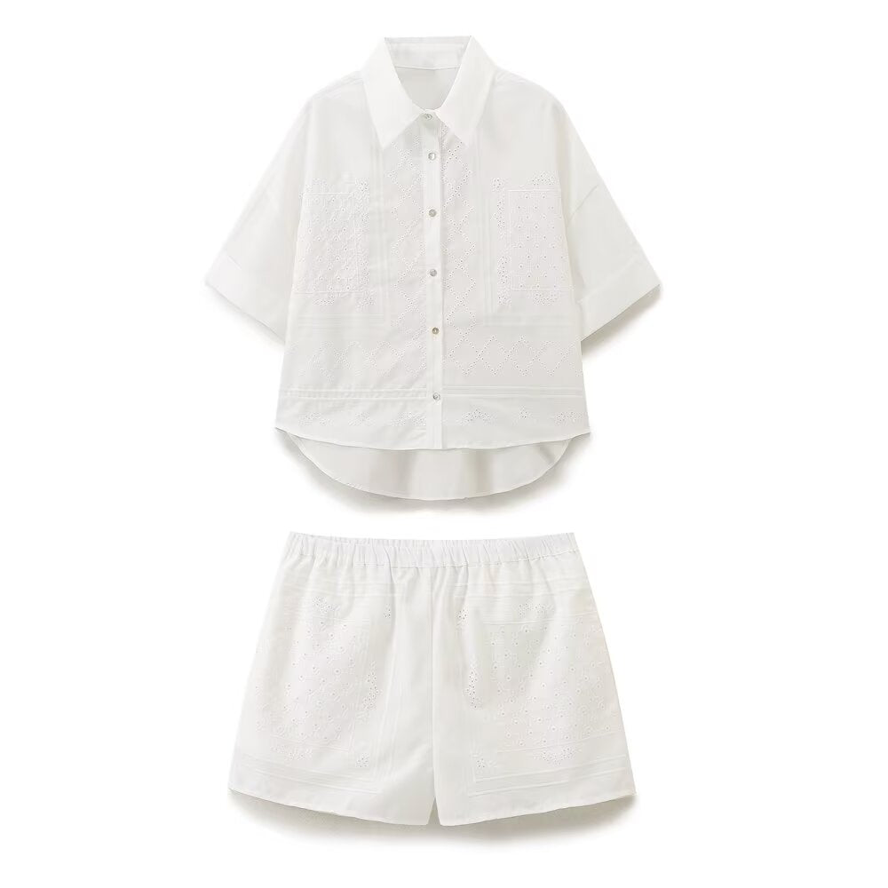 Women Clothing Solid Embroidered Poplin Shirt Shorts Set