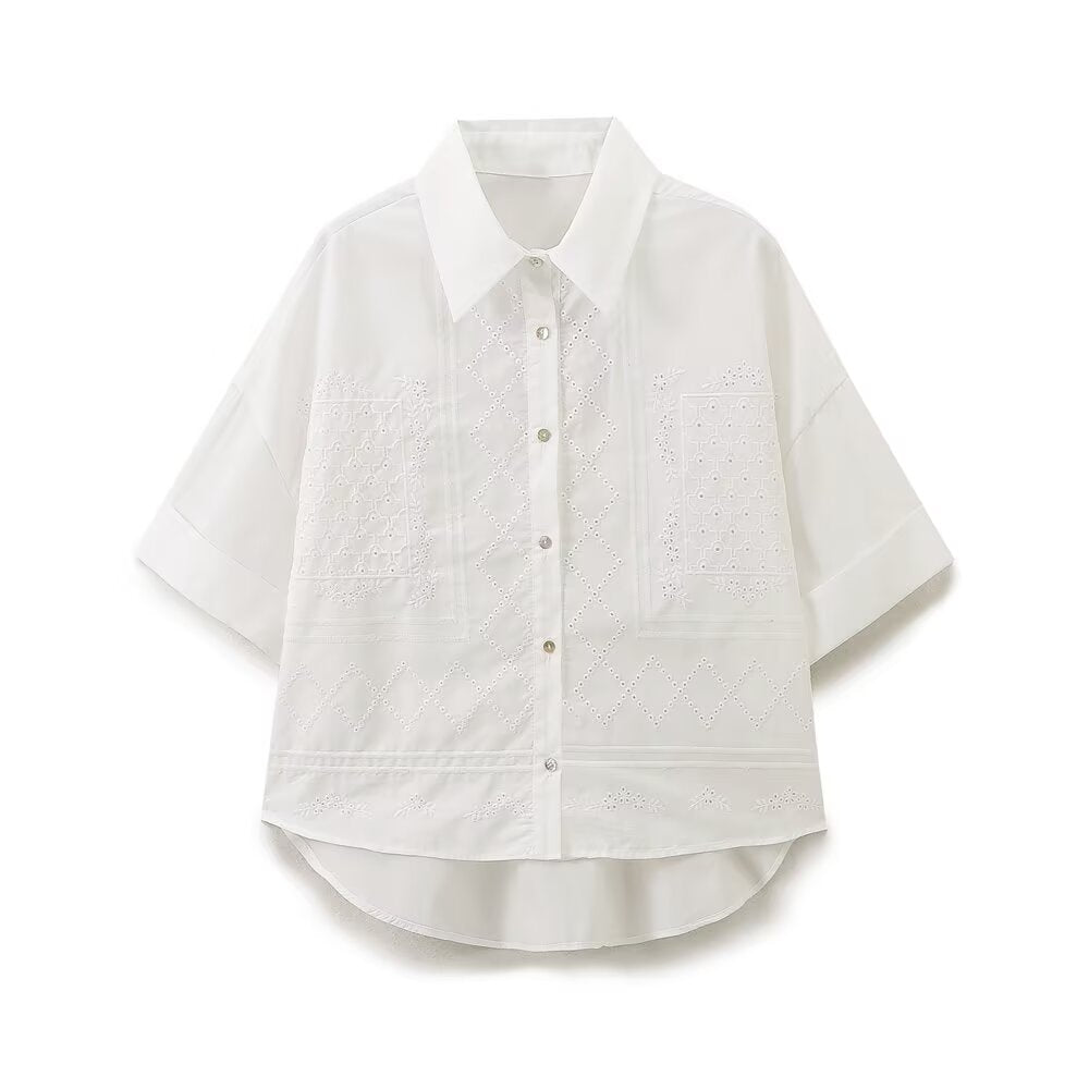 Women Clothing Solid Embroidered Poplin Shirt Shorts Set