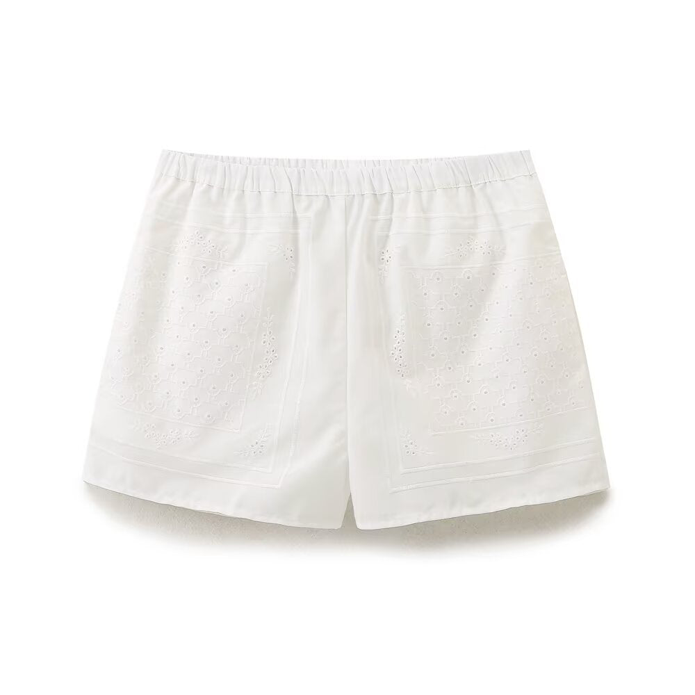 Women Clothing Solid Embroidered Poplin Shirt Shorts Set