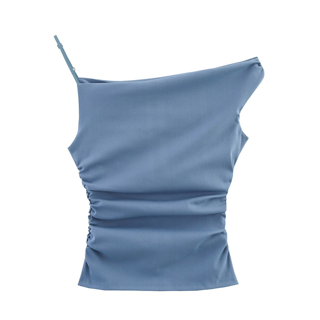 Women Clothing French All Match Pleated Asymmetric Top