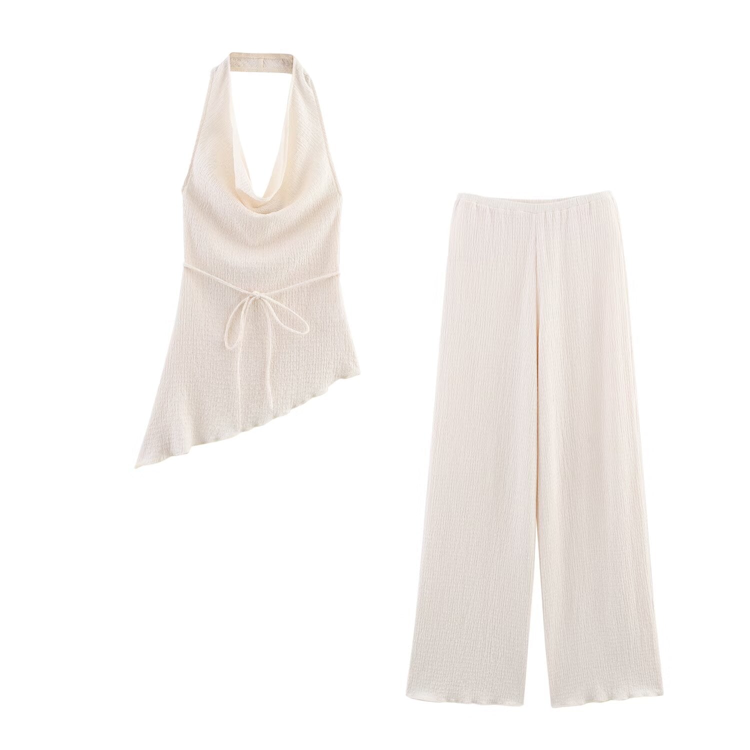 Summer Women Clothing Texture Asymmetric Top Draping Trousers Set Women