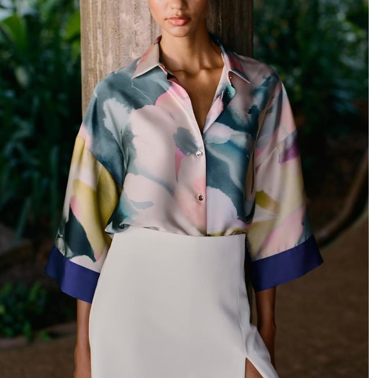 Spring Women Clothing Fashionable Simple Printed Silk Satin Textured Shirt