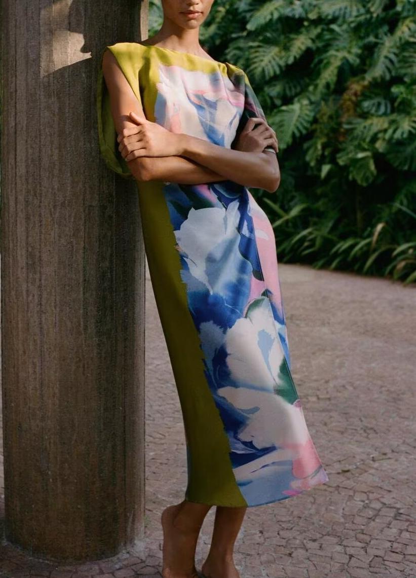 Spring Women Clothing Asymmetric Printing Midi Dress