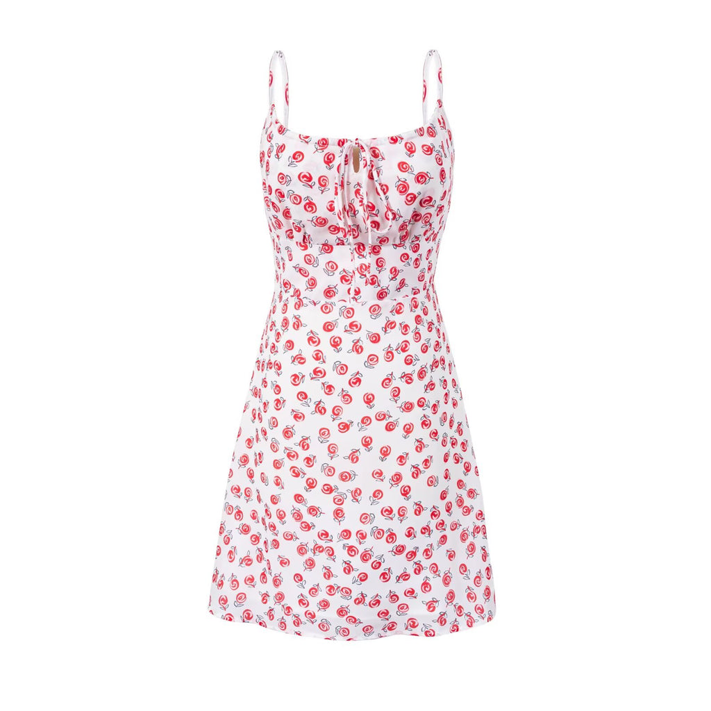 Spring Ancient Cherry Slimming Printed Waist Controlled Lace up Suspender Dress