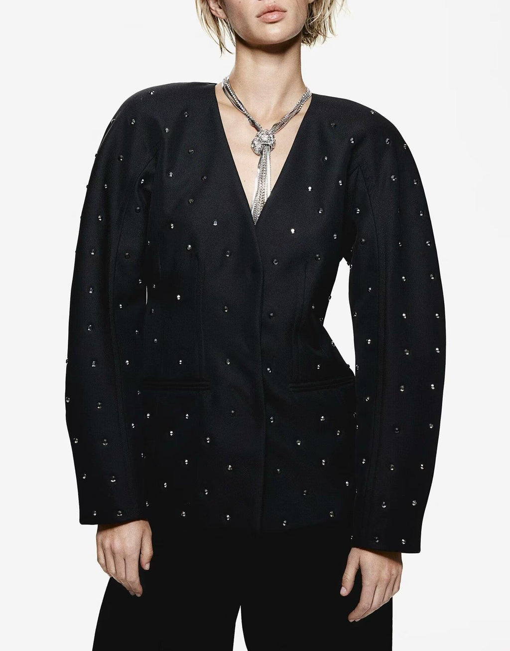Spring Women Street Stylish Long Sleeves V neck Diamond Jacket