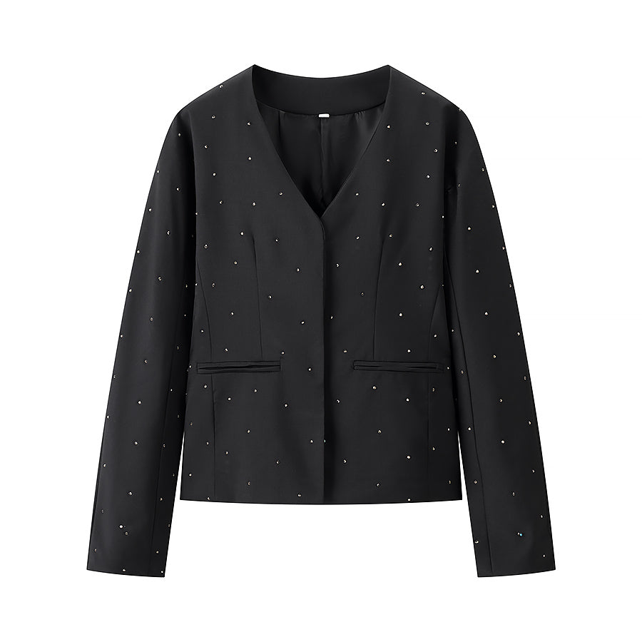 Spring Women Street Stylish Long Sleeves V neck Diamond Jacket