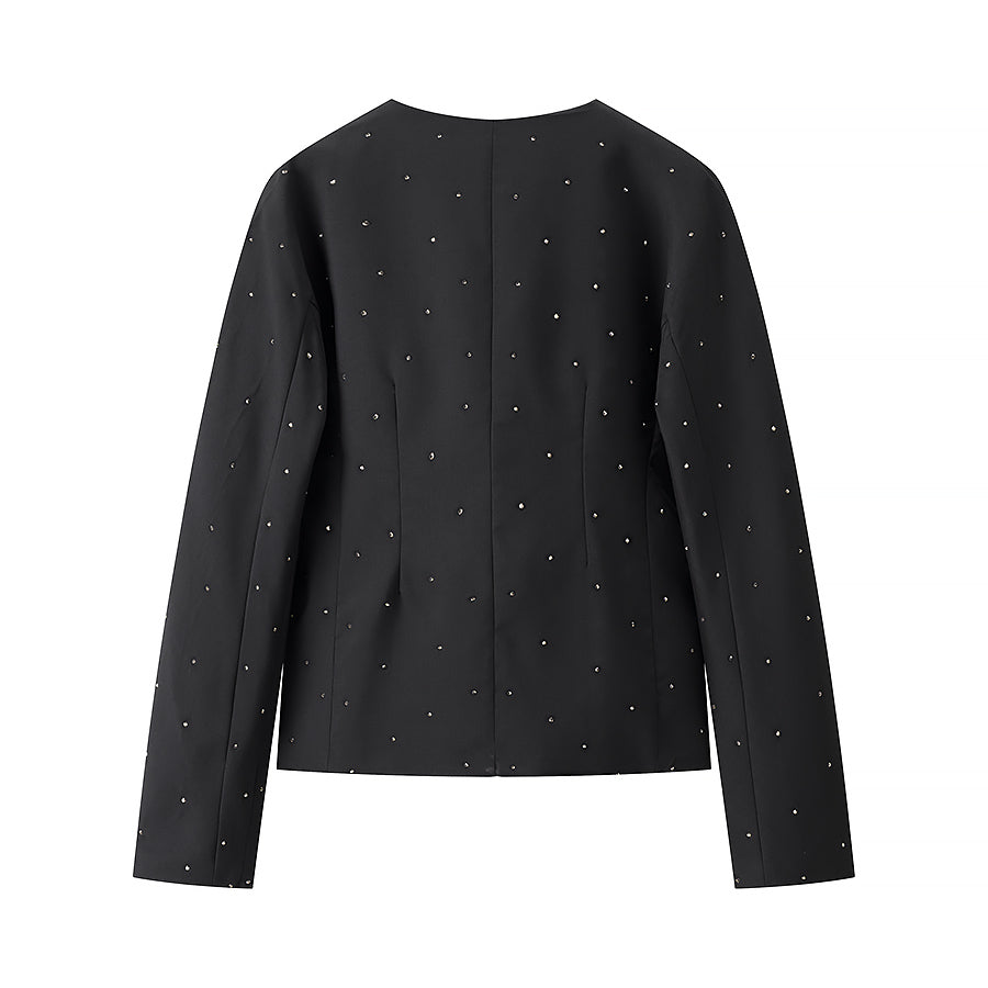 Spring Women Street Stylish Long Sleeves V neck Diamond Jacket