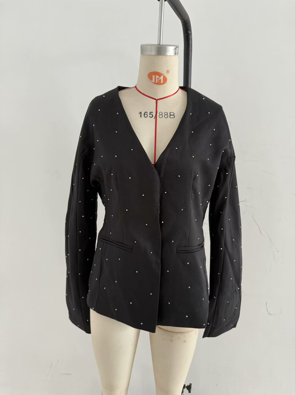 Spring Women Street Stylish Long Sleeves V neck Diamond Jacket