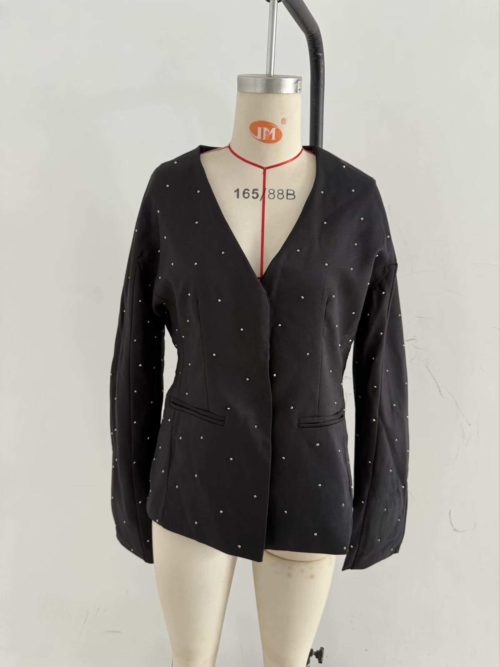 Spring Women Street Stylish Long Sleeves V neck Diamond Jacket