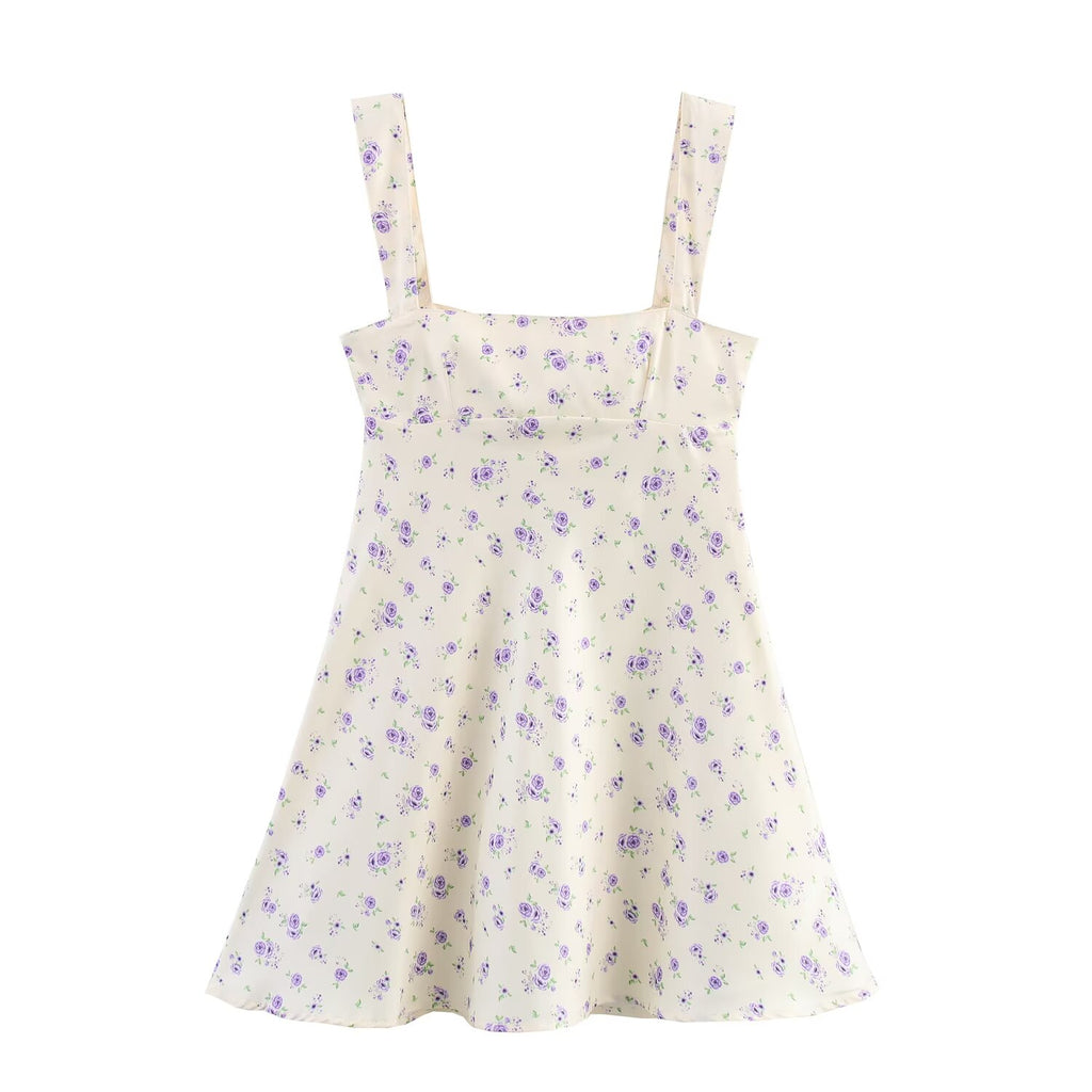 Spring Women Clothing Print Sleeveless Silk Satin Texture Strap Short Dress