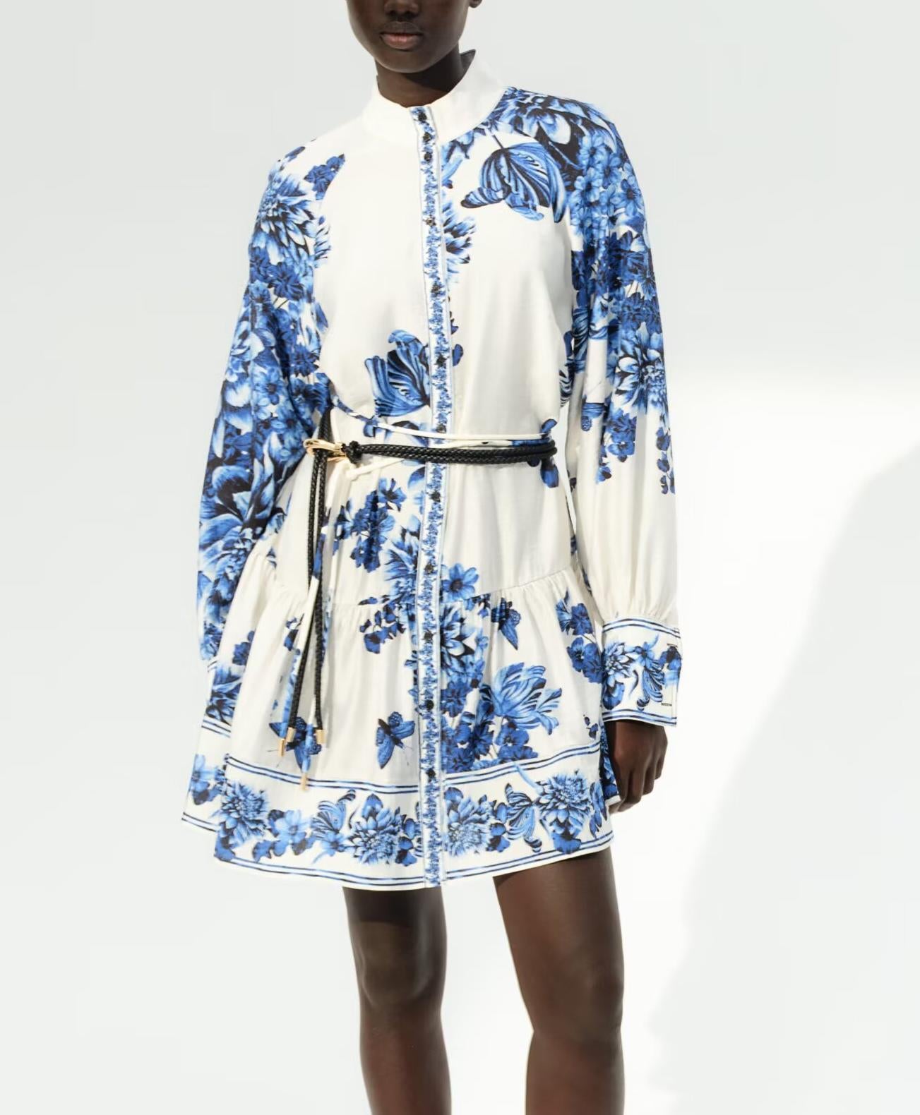 Spring Women Street Waist Belt Printed Long Sleeve Dress