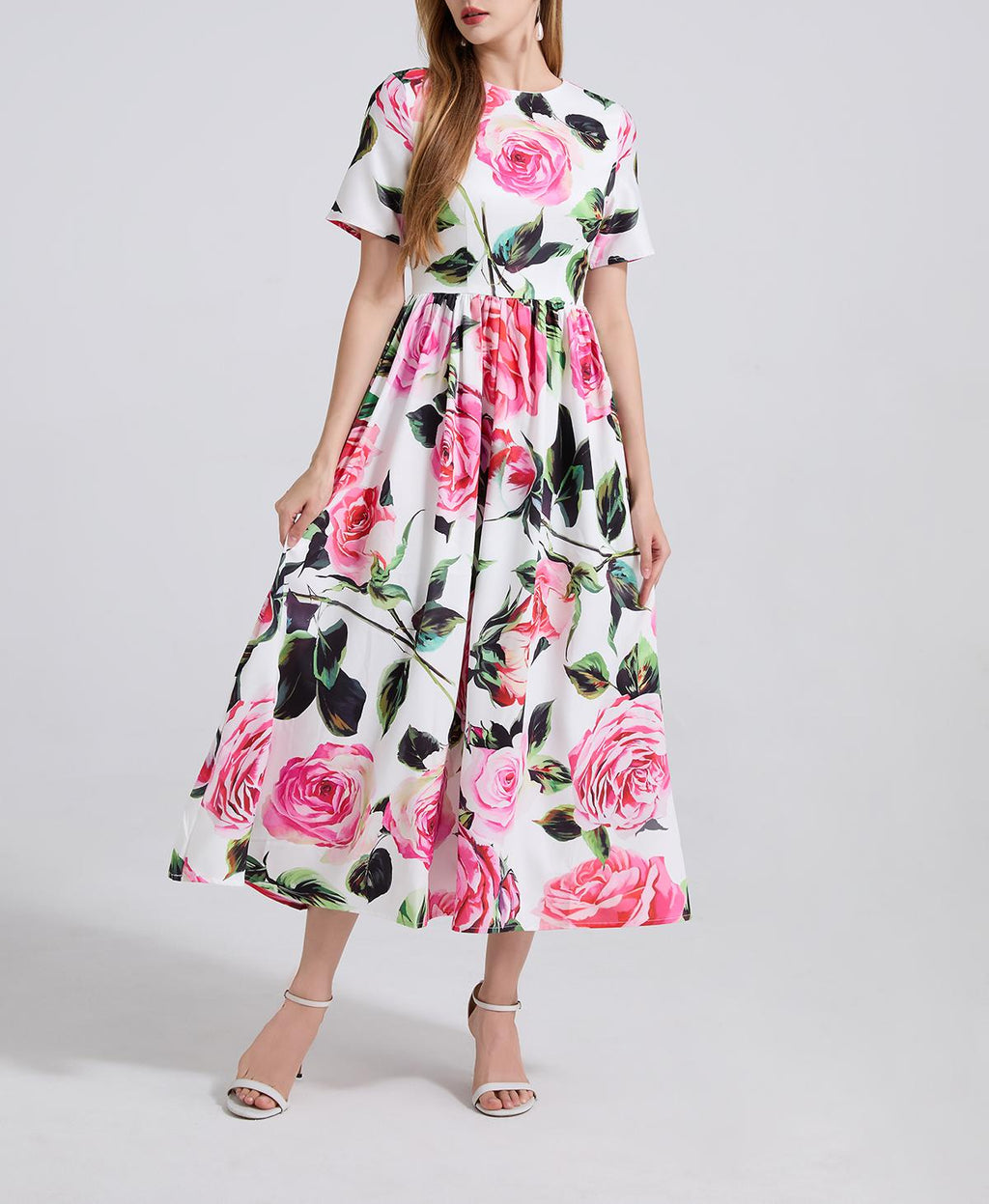 A Summer Printed Round Neck High Waisted Slim Fitting Short Sleeved Large Swing Dress A Line Long Dress Women
