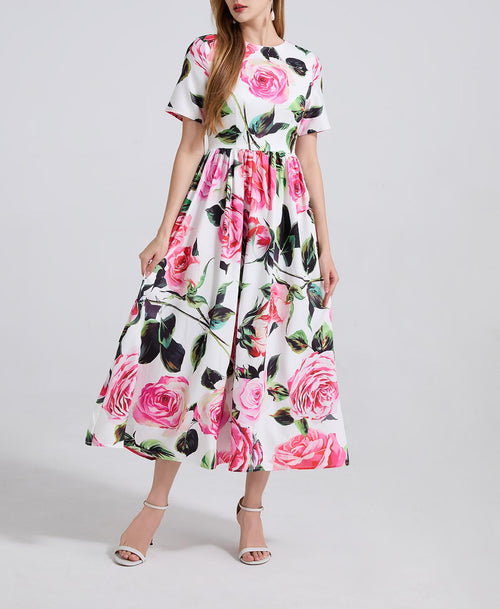A Summer Printed Round Neck High Waisted Slim Fitting Short Sleeved Large Swing Dress A Line Long Dress Women