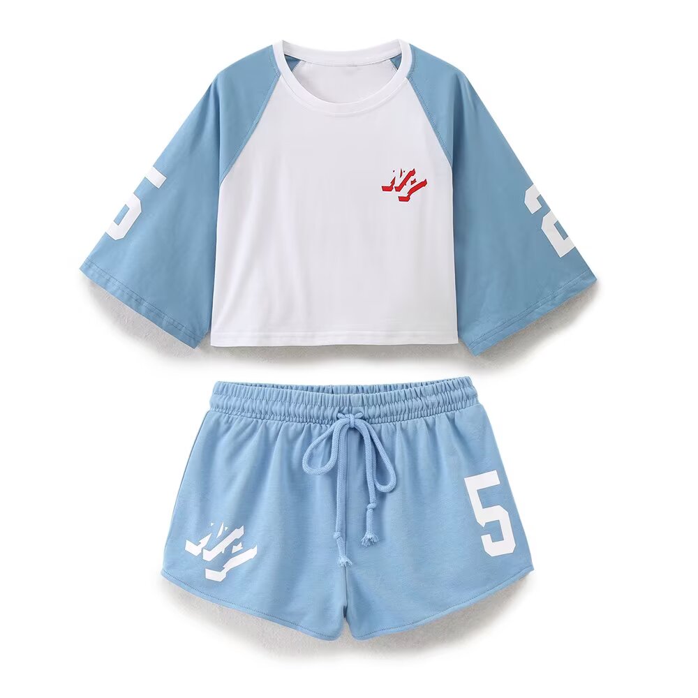 Spring Summer Women Casual round Neck Short Sleeves T shirt Drawstring Shorts