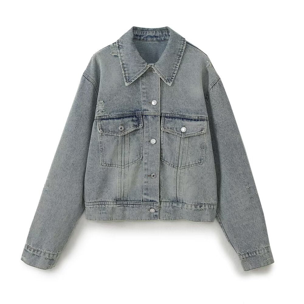 Spring Summer Women Casual Polo Collar Long Sleeve Denim Jacket Coat