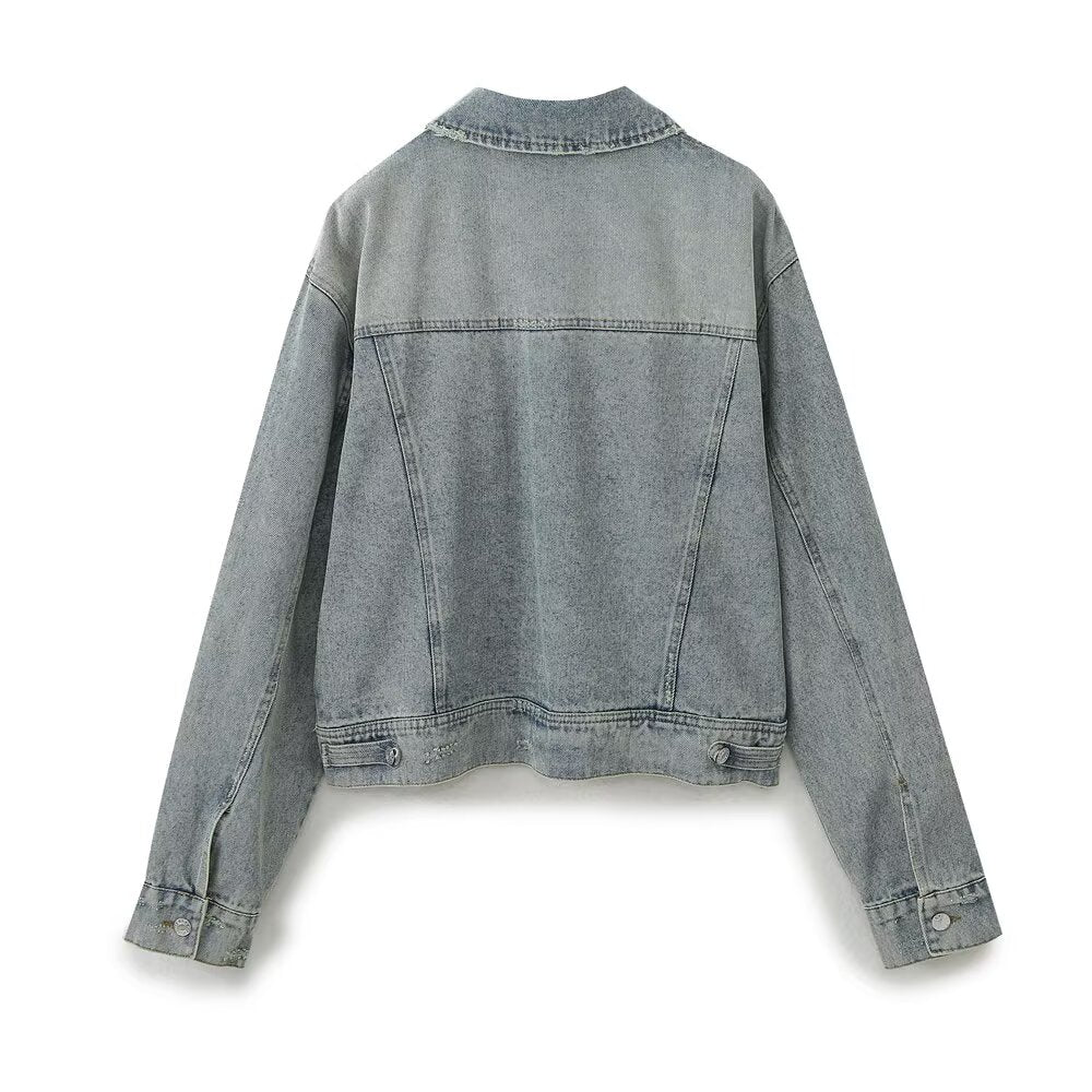 Spring Summer Women Casual Polo Collar Long Sleeve Denim Jacket Coat