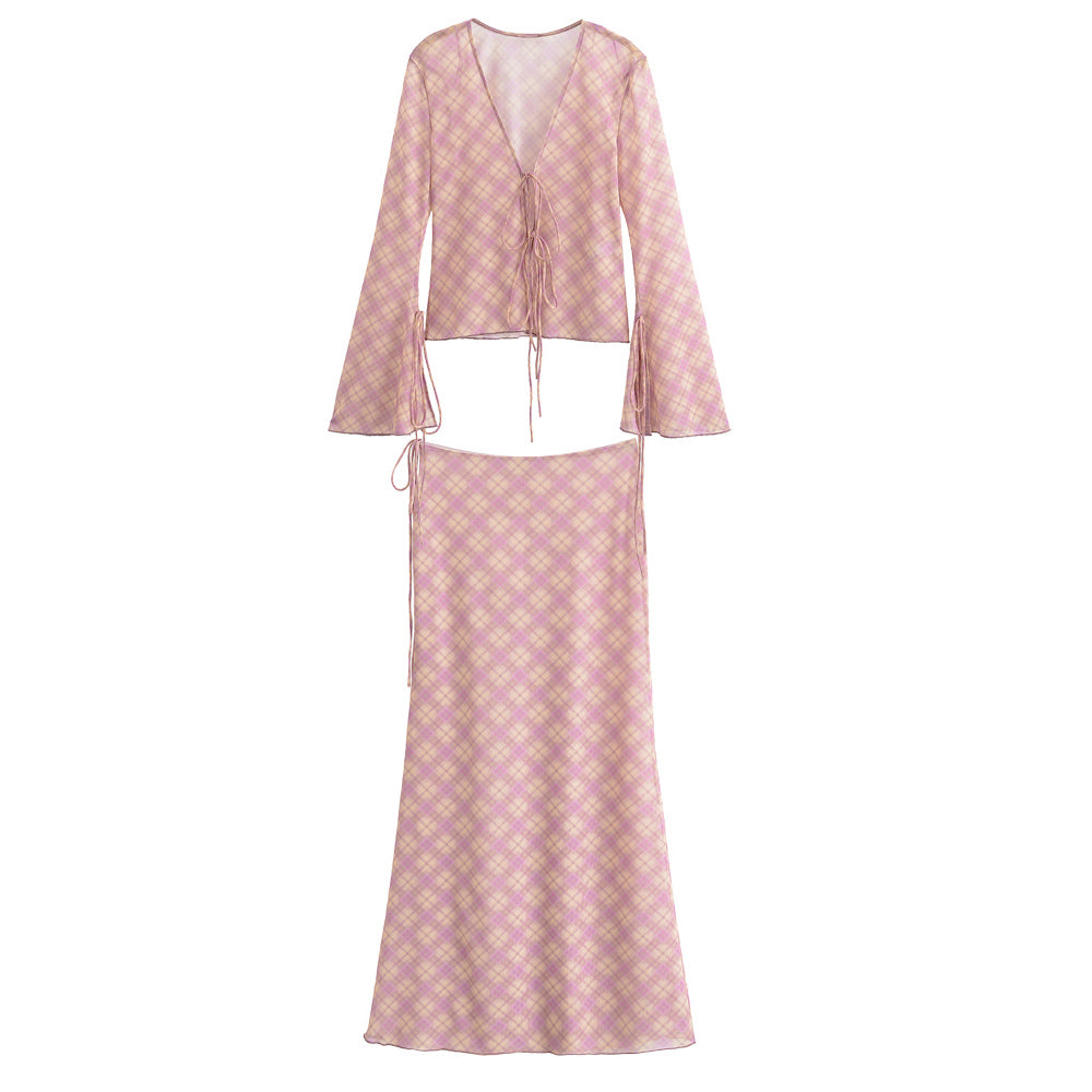 Women Clothing Spring Summer V neck Translucent Top Silk Net Skirt Set Women