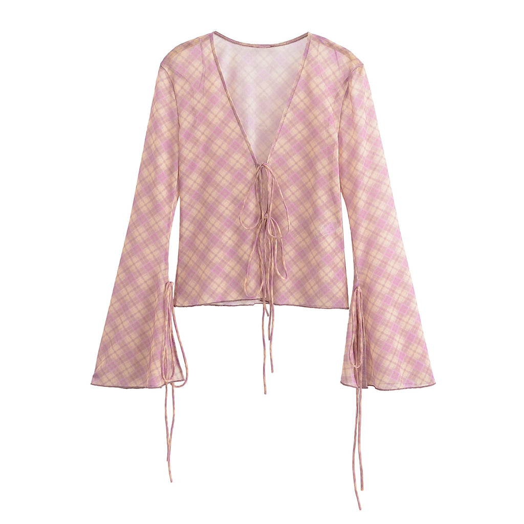 Women Clothing Spring Summer V neck Translucent Top Silk Net Skirt Set Women