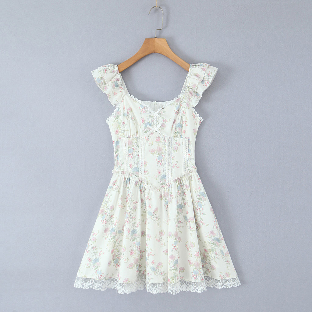 Summer Cherry Blossom Lace Embroidered Square Collar Floral Sweet Waist Trimming Dress