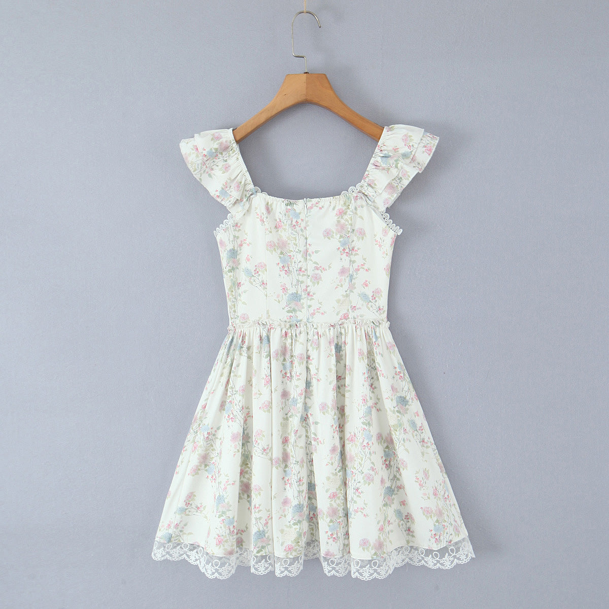 Summer Cherry Blossom Lace Embroidered Square Collar Floral Sweet Waist Trimming Dress