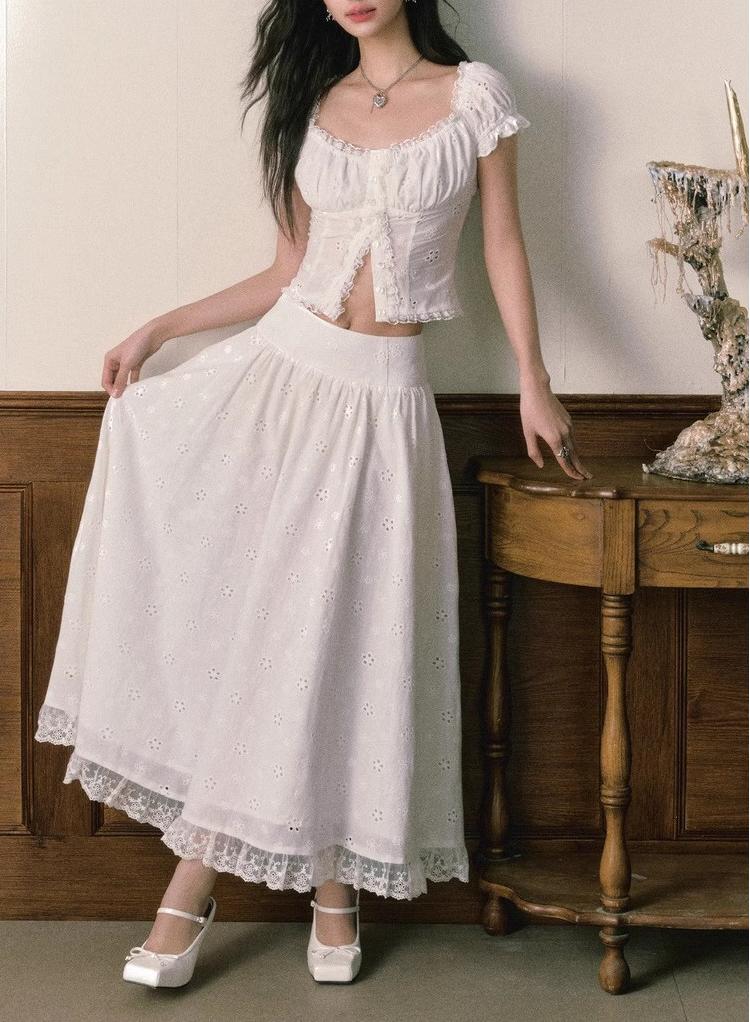 Sweet Embroidered Cutout Lace Stitching White Hollow Out Cutout out Embroidered Lace Stitching Big Swing Skirt Two Piece Sets