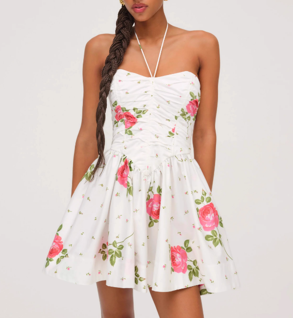 Sweet Printed Chic Halter Spaghetti Straps Short Dress Sexy Slim Fit Backless Mini Dress