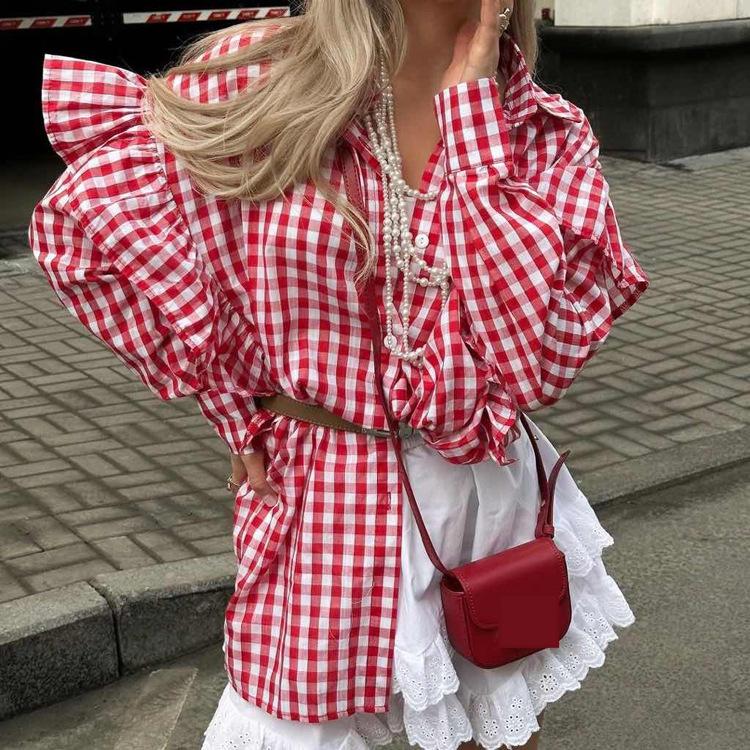 Cotton Plaid Women Shirt Design Ruffled Collared Long Sleeve Cardigan Casual All Matching Tops