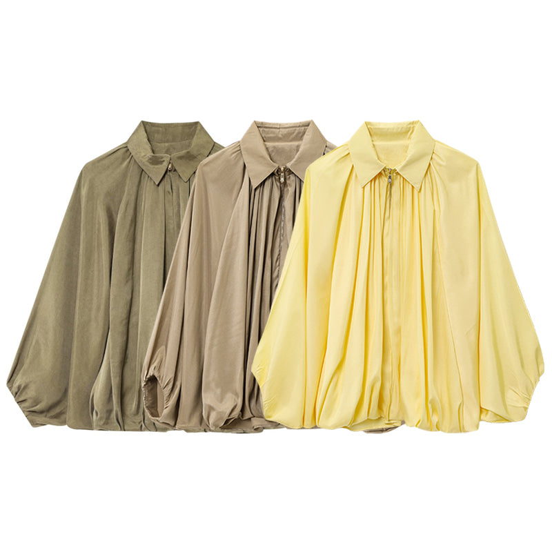 Summer Women Loose Fitting Long Sleeves Collared Puffy Bomber Jacket Drape Jacket