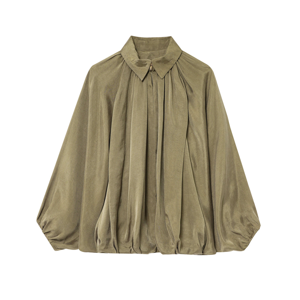 Summer Women Loose Fitting Long Sleeves Collared Puffy Bomber Jacket Drape Jacket