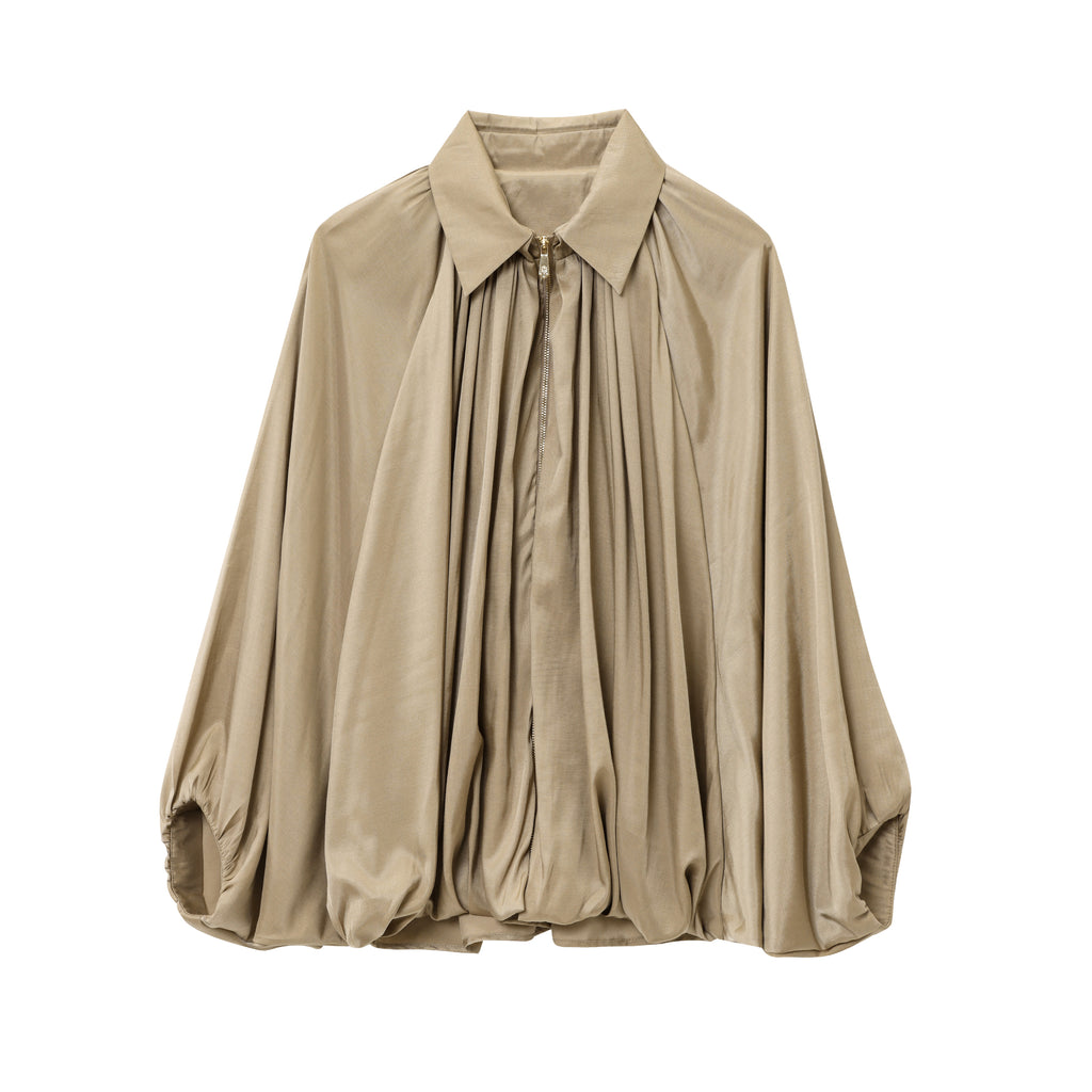 Summer Women Loose Fitting Long Sleeves Collared Puffy Bomber Jacket Drape Jacket