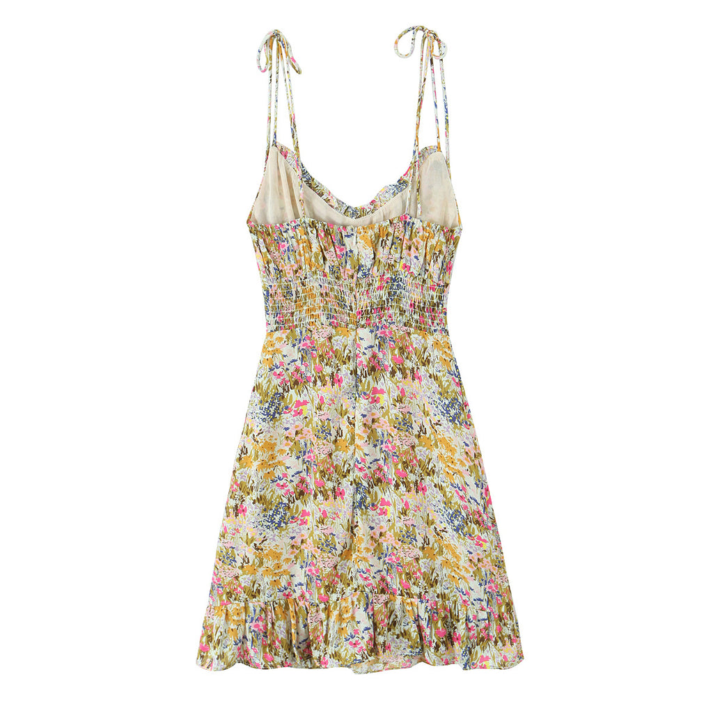 Women Sexy Backless Hip Women Floral Tie Neck Dress