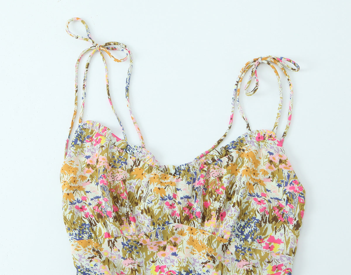 Women Sexy Backless Hip Women Floral Tie Neck Dress