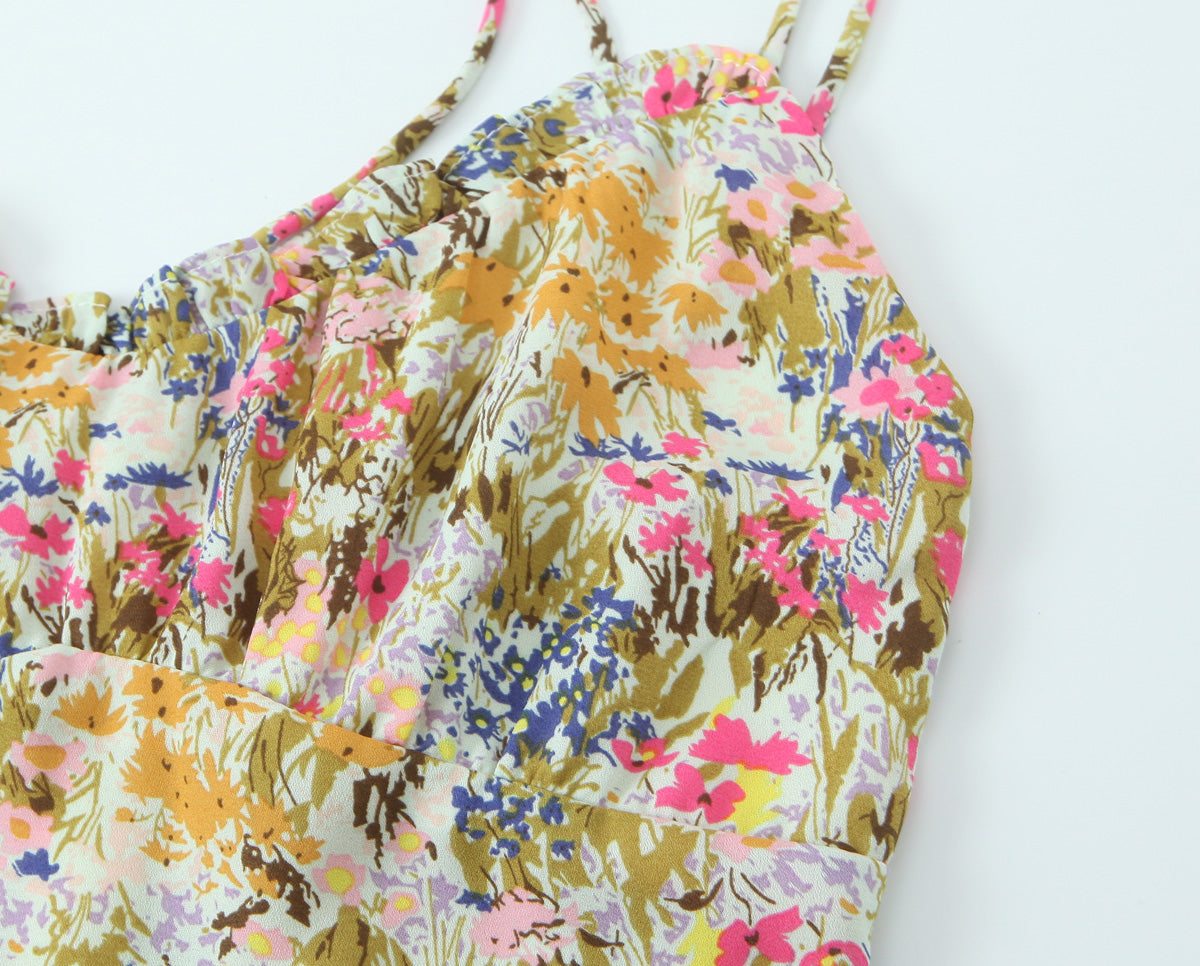 Women Sexy Backless Hip Women Floral Tie Neck Dress