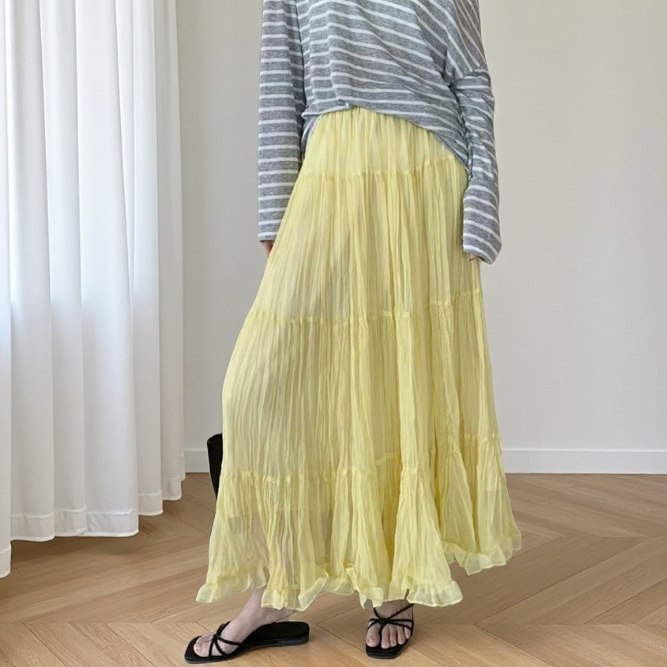 Summer Elegant Large Swing Skirt A Line Mid Length Pleated Skirt Ruffled Fishtail Skirt