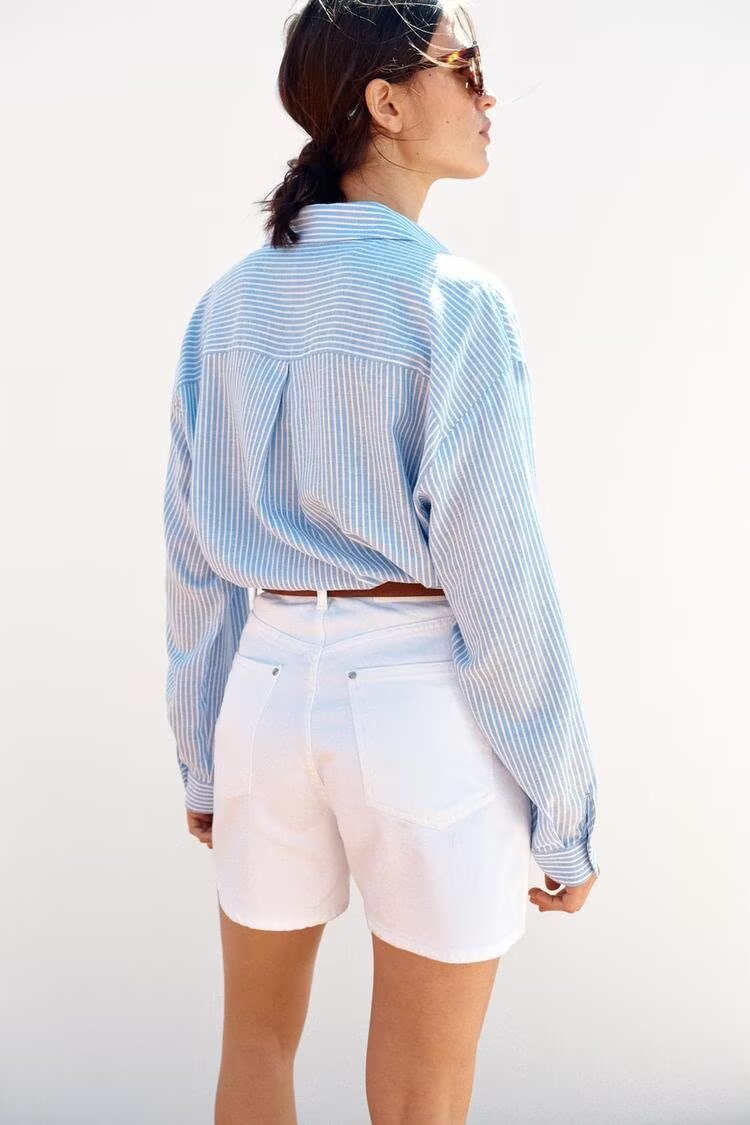 Women Wear Linen Blended Stripes Loose Shirt