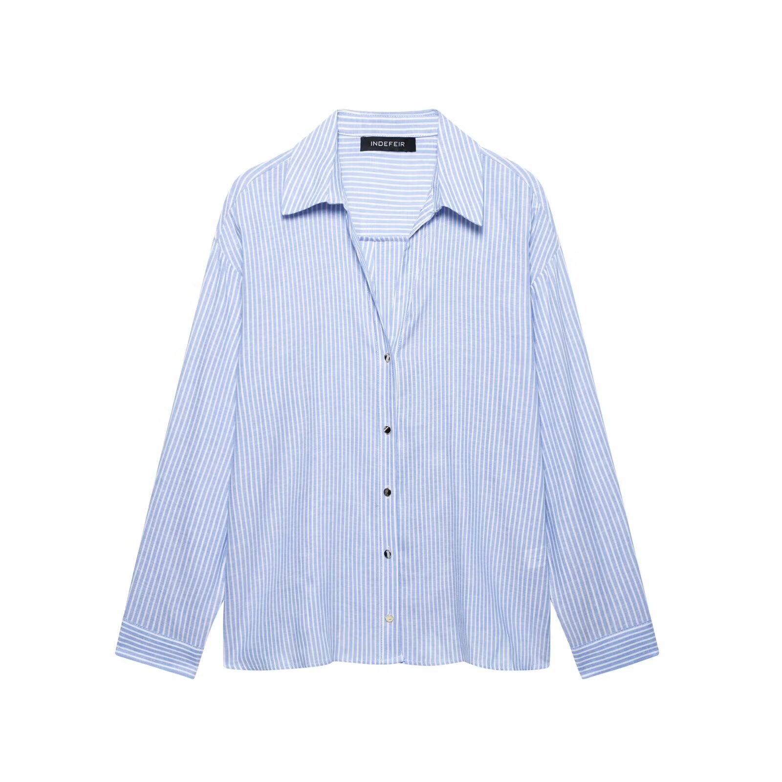 Women Wear Linen Blended Stripes Loose Shirt
