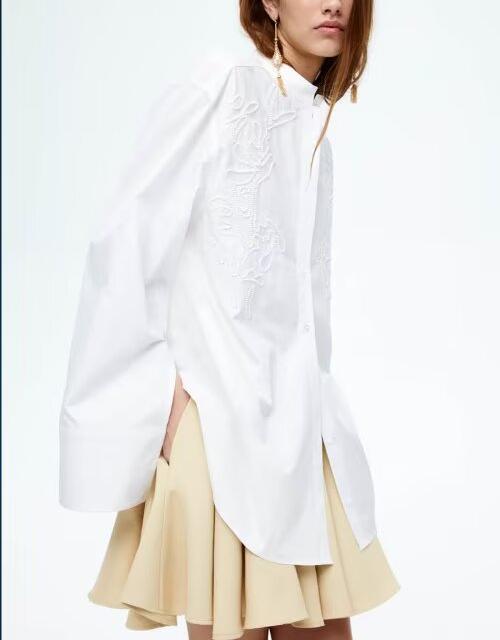 Spring Women Clothing Street Urban Casual Embroidered Long Sleeved Shirt