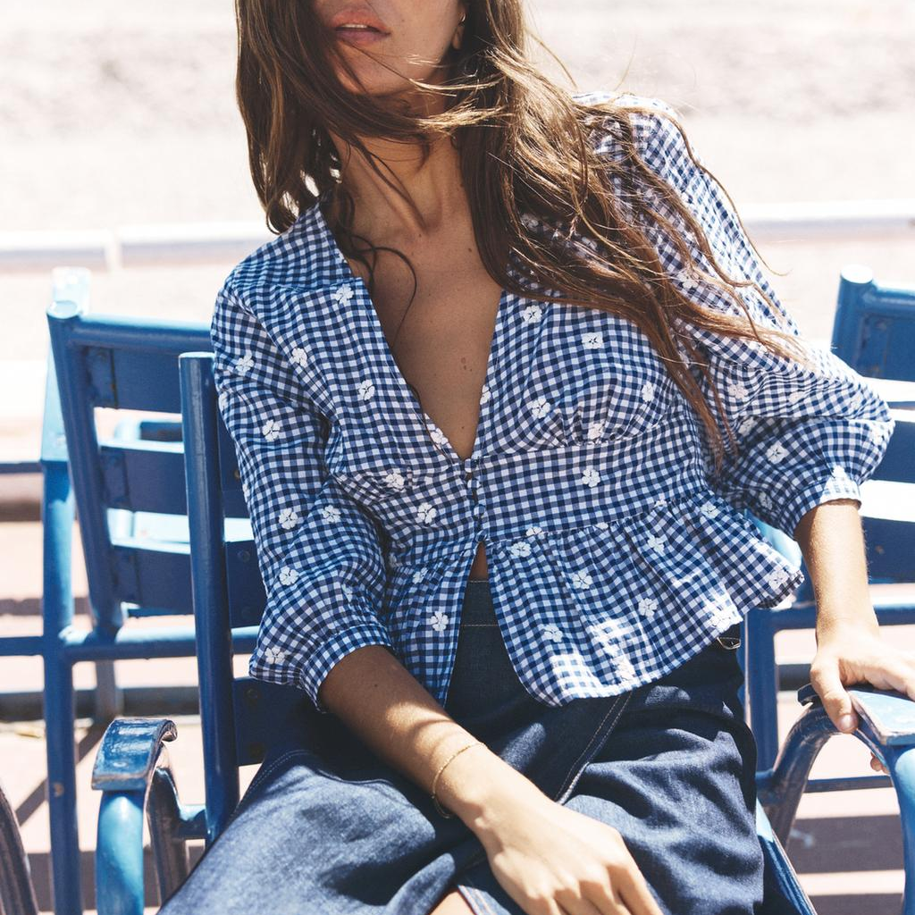 Women Clothing Fashionable Embroidered Small Plaid Top