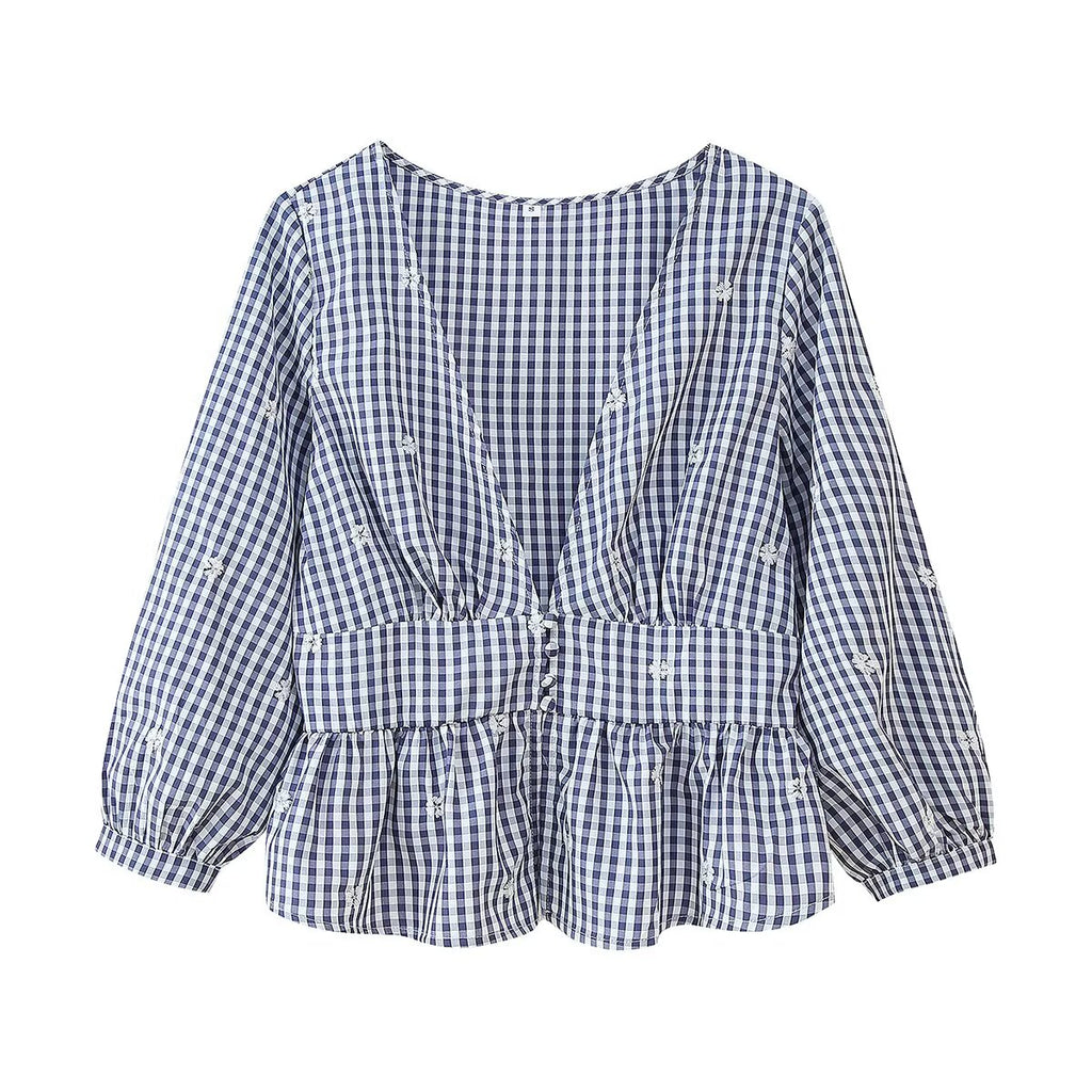 Women Clothing Fashionable Embroidered Small Plaid Top