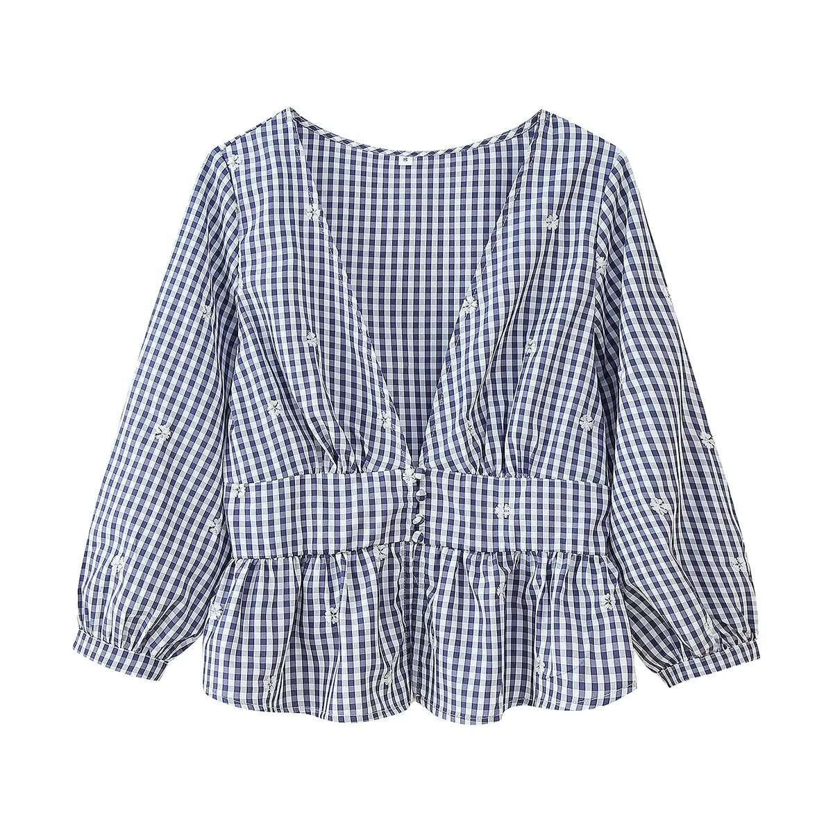 Women Clothing Fashionable Embroidered Small Plaid Top