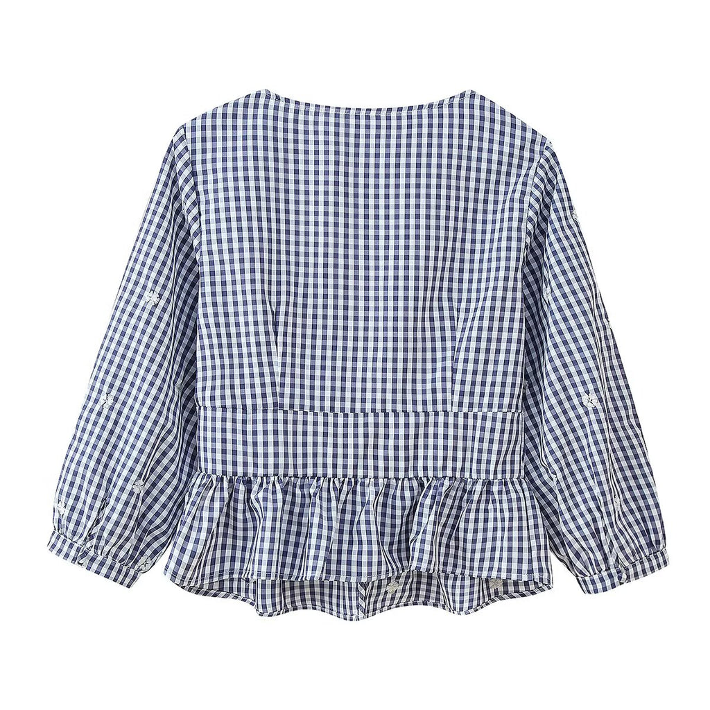 Women Clothing Fashionable Embroidered Small Plaid Top