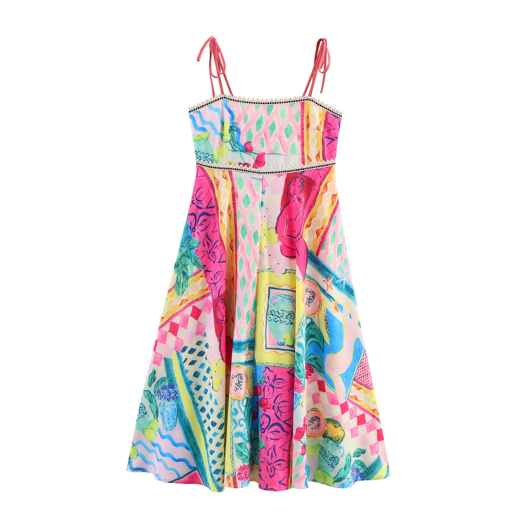 Summer Oil Painting Printing Sleeveless Seaside Vacation Beach Sling Maxi Dress