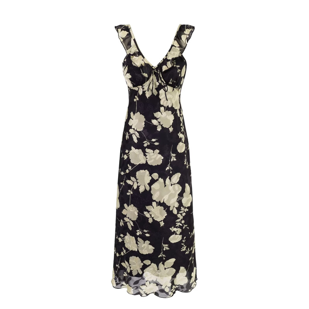 Summer Gentle Retro Design Lace Vest Skirt Floral Women Waist Tight Dress