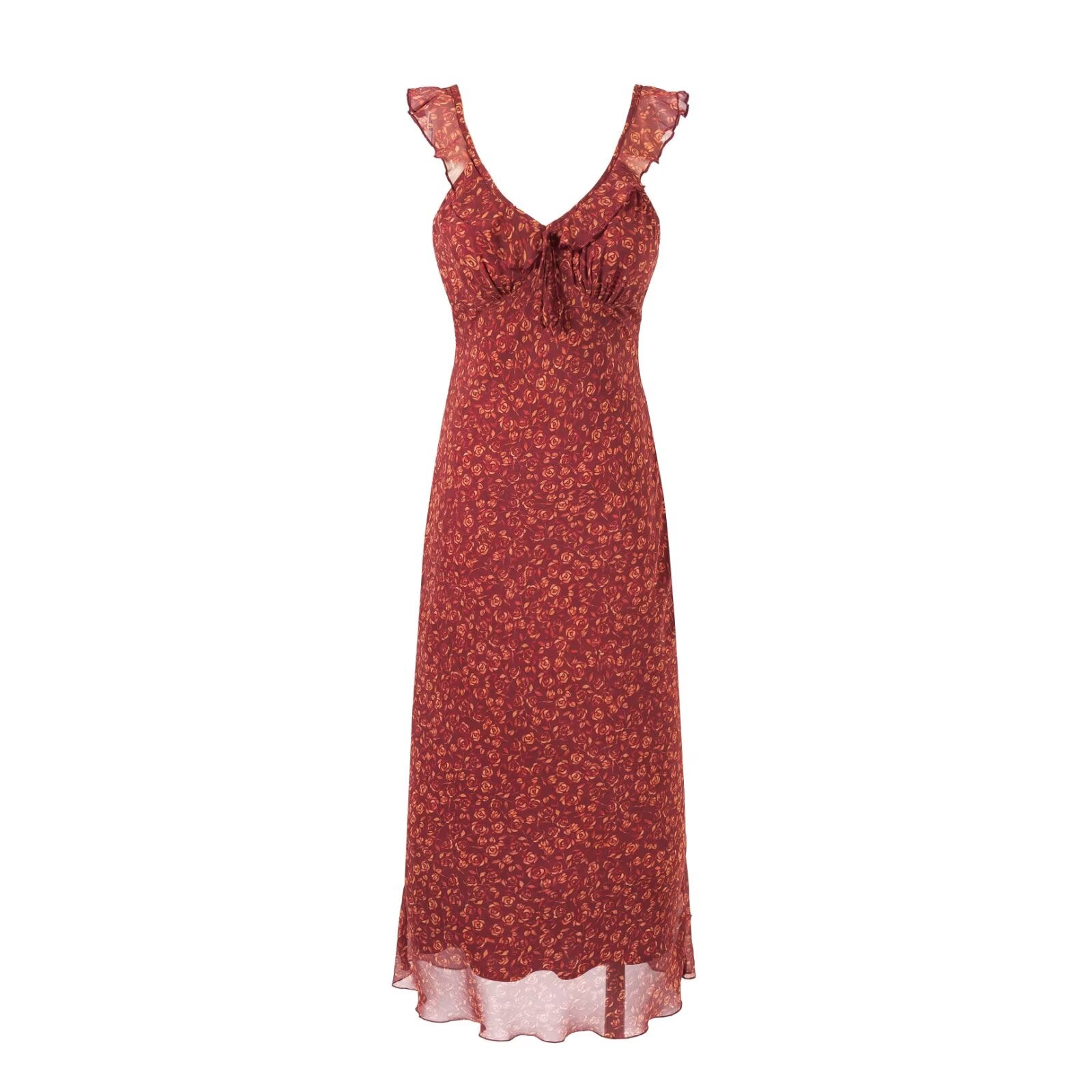 Ruffled V neck Bow Tie-Shoulder Floral Dress Vest Dress Summer High Waist Slim Fit Vacation Dress