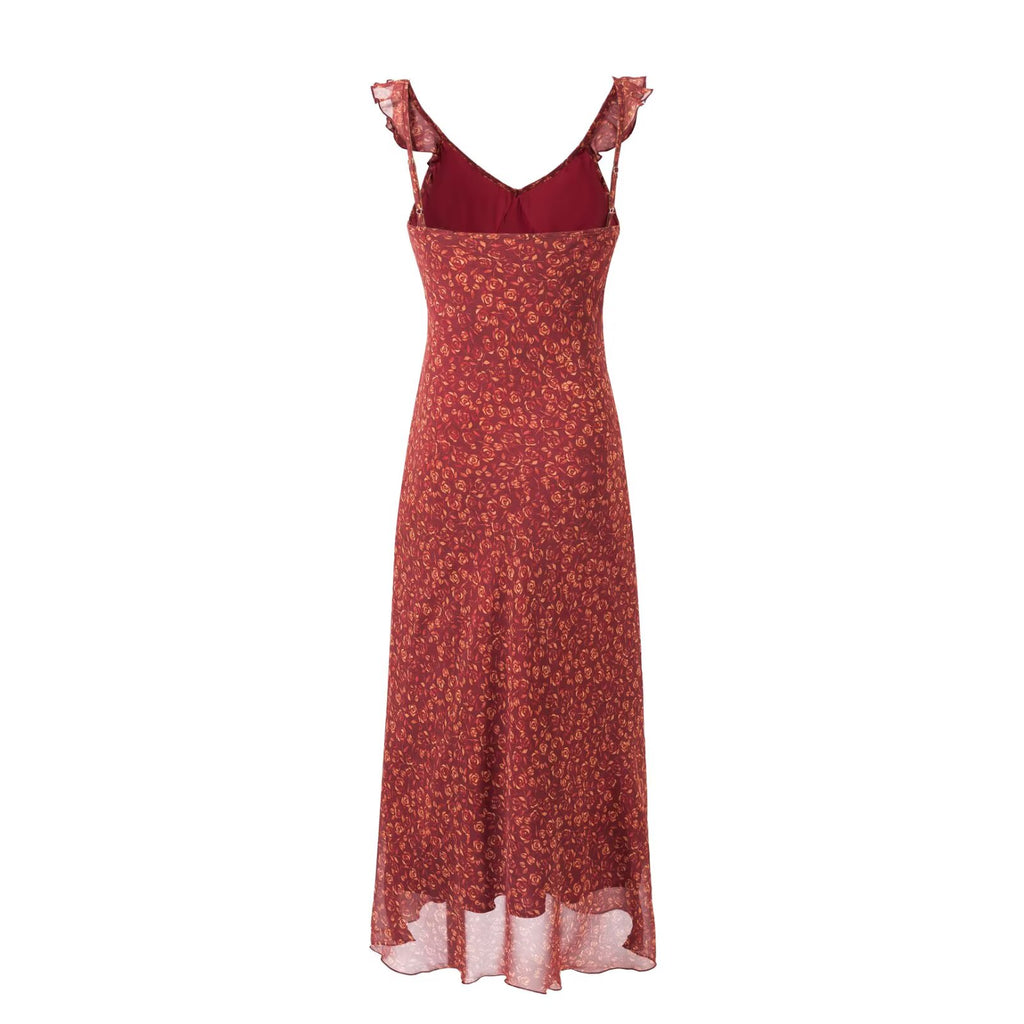 Ruffled V neck Bow Tie-Shoulder Floral Dress Vest Dress Summer High Waist Slim Fit Vacation Dress
