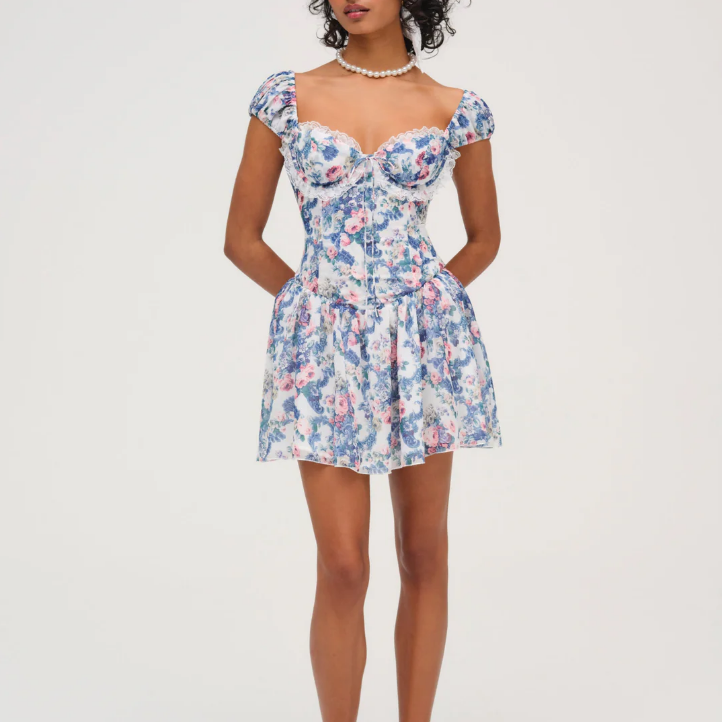 Waist Controlled Slimming Blue Floral Three Dimensional Steel Ring Lace Lotus Leaf Trim Mini Dress Short Dress Summer