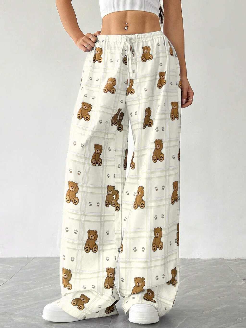 Elastic Waist White Narrow High Grade Wide Leg Pants Printed Straight Loose Thin Women Small Casual Pants