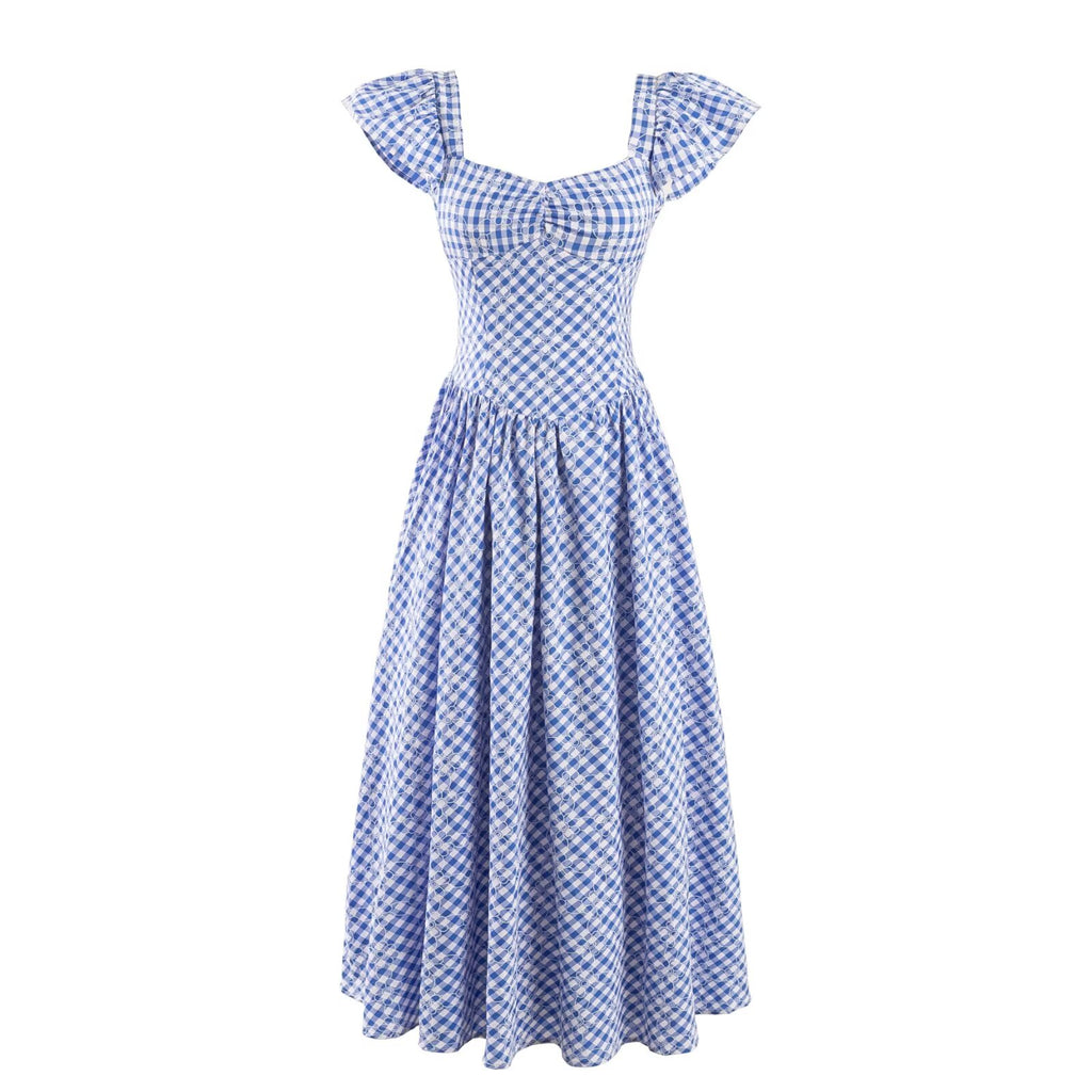 Plaid Square Collar Pleated Flying Sleeve Dress Summer Waist Slim Fit Graceful Long Expansion